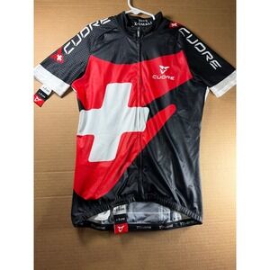 Cuore Cycling Jersey Men XS Black Red White Silver SS Switzerland Full Zip Short